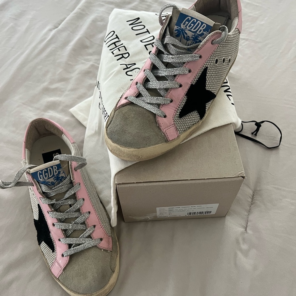 Golden Goose Super Star Classic with suede toe, star, net.